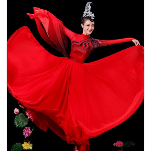 Women girls Red gradient chinese folk classical dance costumes fairy hanfu dresses Mongolian dance costume opening dance big swing skirt